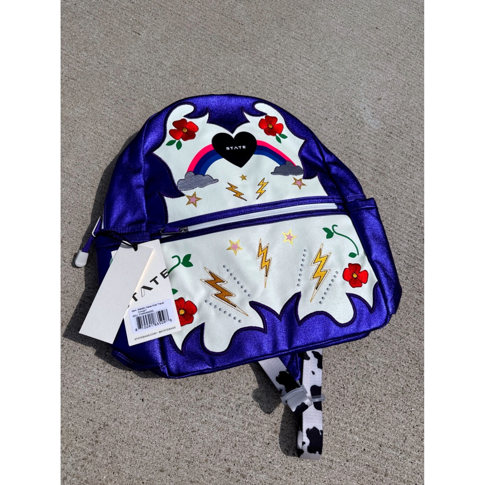 State Bags Kane Kids Travel Backpack Metallic Cowgirl Blue White Rainbow Nwt — image 3 of 8